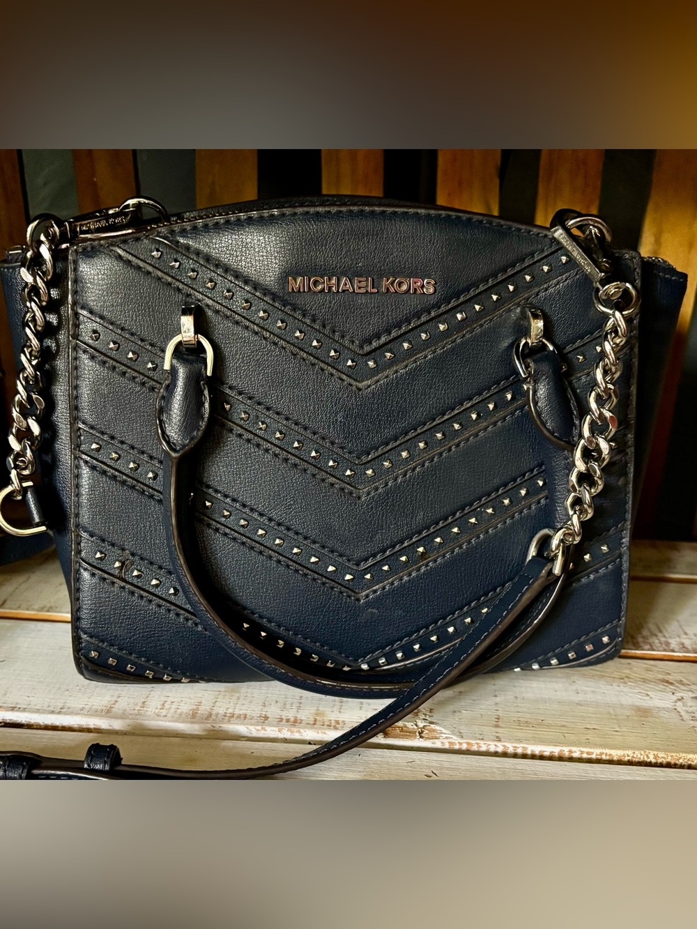 Michael Kors Ellis Convertible Satchel in Navy Leather